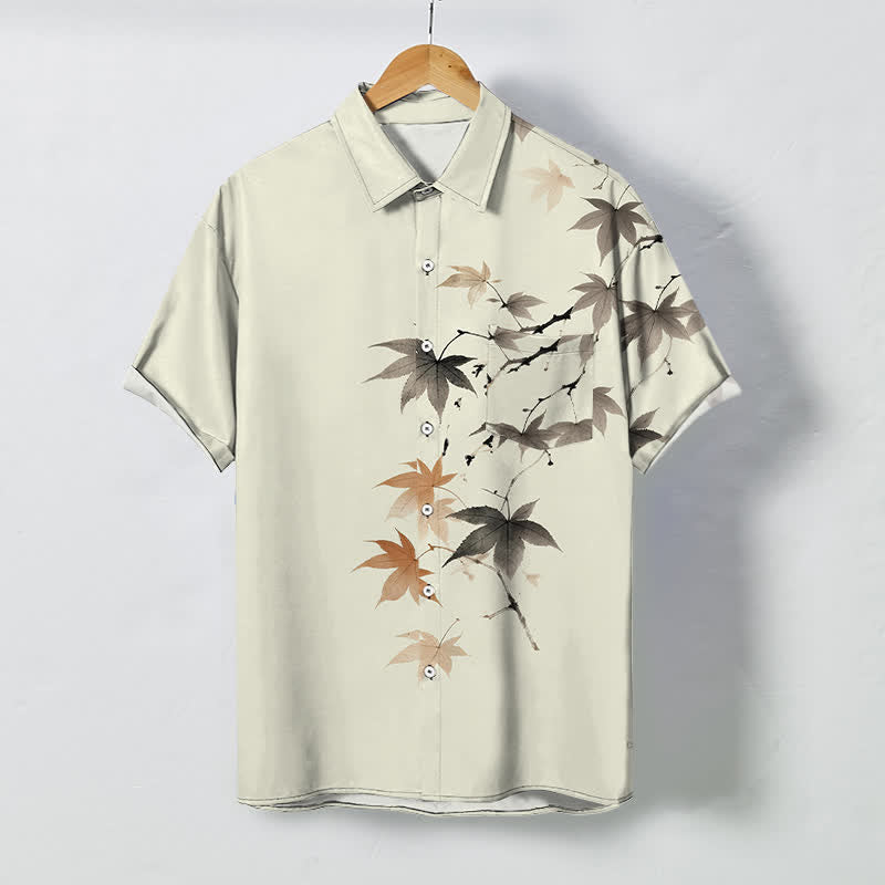 Buddha Stones Camicia da uomo a maniche corte traspirante con bottoni e motivo a rami d'acero autunnali. - Beige - US/UK/AU48, EU58 (4XL) - image 0
