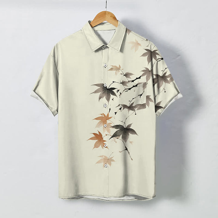 Buddha Stones Camicia da uomo a maniche corte traspirante con bottoni e motivo a rami d'acero autunnali. - Beige - US/UK/AU48, EU58 (4XL) - image 0