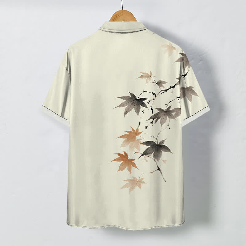 Buddha Stones Camicia da uomo a maniche corte traspirante con bottoni e motivo a rami d'acero autunnali. - image 1