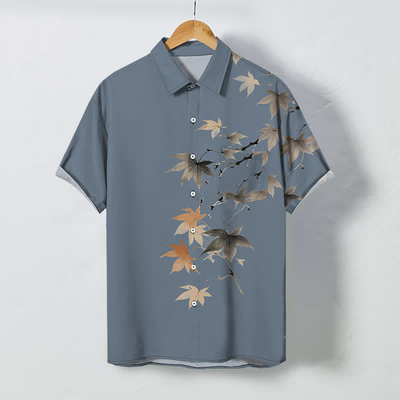 Buddha Stones Camicia da uomo a maniche corte traspirante con bottoni e motivo a rami d'acero autunnali. - Blu acciaio chiaro - US/UK/AU48, EU58 (4XL) - image 5