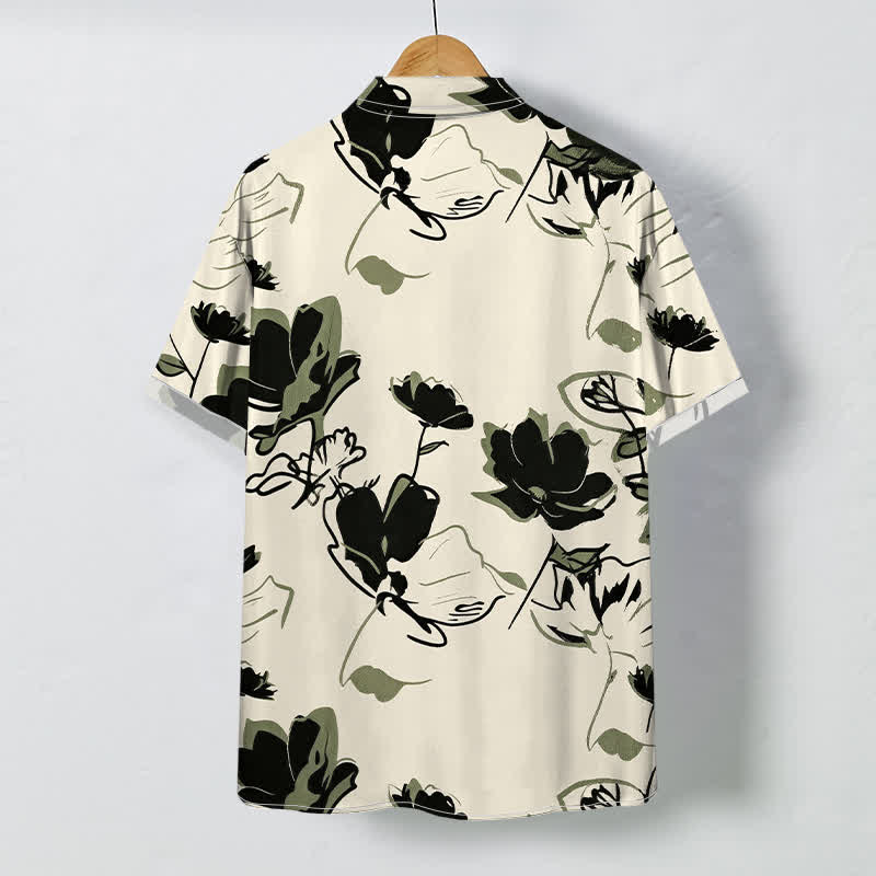 Buddha Stones Camicia da uomo a maniche corte traspirante con bottoni e motivo floreale astratto botanico. - image 1