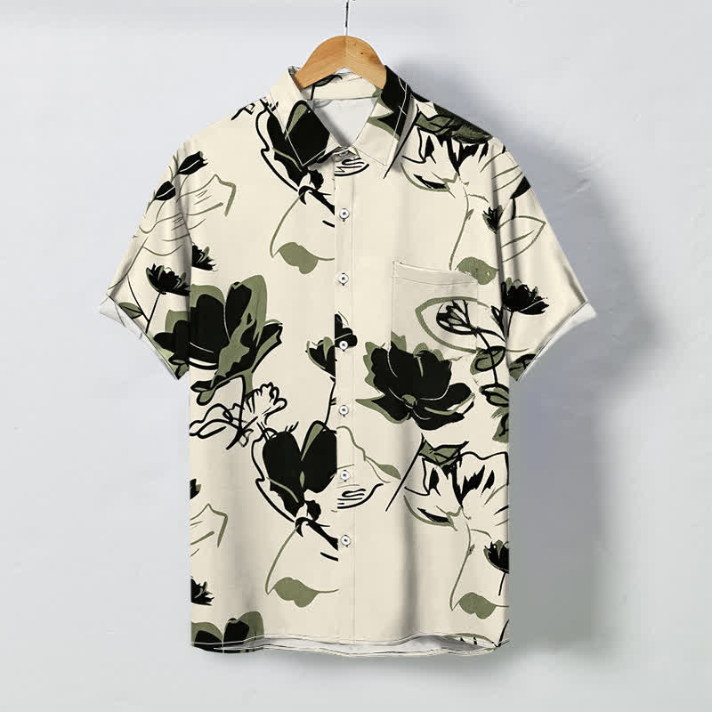 Buddha Stones Camicia da uomo a maniche corte traspirante con bottoni e motivo floreale astratto botanico. - Beige - US/UK/AU48, EU58 (4XL) - image 0