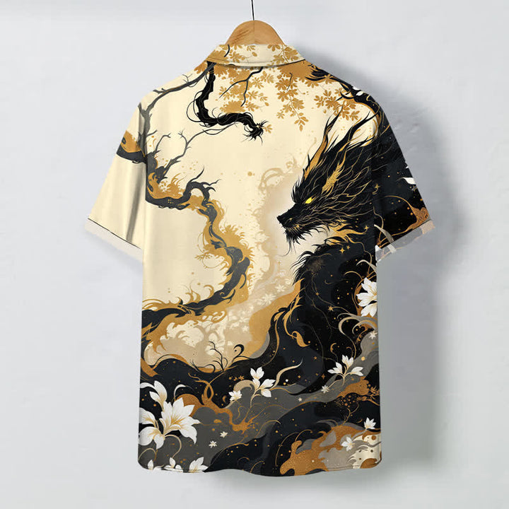 Buddha Stones Camicia da uomo a maniche corte traspirante con bottoni e motivo floreale a nuvole e drago dorato. - image 1