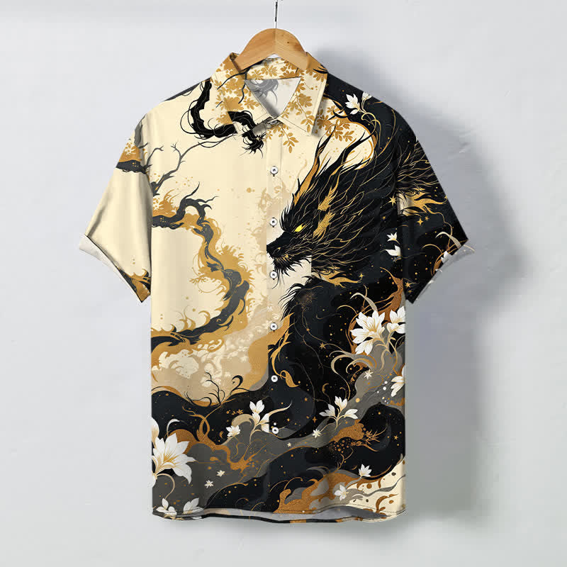 Buddha Stones Camicia da uomo a maniche corte traspirante con bottoni e motivo floreale a nuvole e drago dorato. - Bianco antico - US/UK/AU48, EU58 (4XL) - image 0