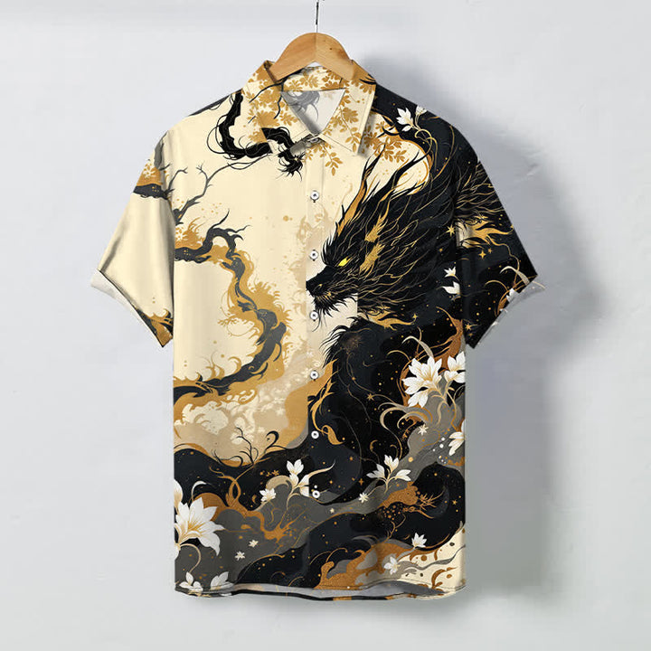 Buddha Stones Camicia da uomo a maniche corte traspirante con bottoni e motivo floreale a nuvole e drago dorato. - Bianco antico - US/UK/AU48, EU58 (4XL) - image 0