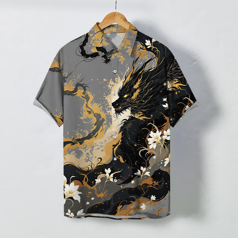 Buddha Stones Camicia da uomo a maniche corte traspirante con bottoni e motivo floreale a nuvole e drago dorato. - Grigio tenue - US/UK/AU48, EU58 (4XL) - image 5