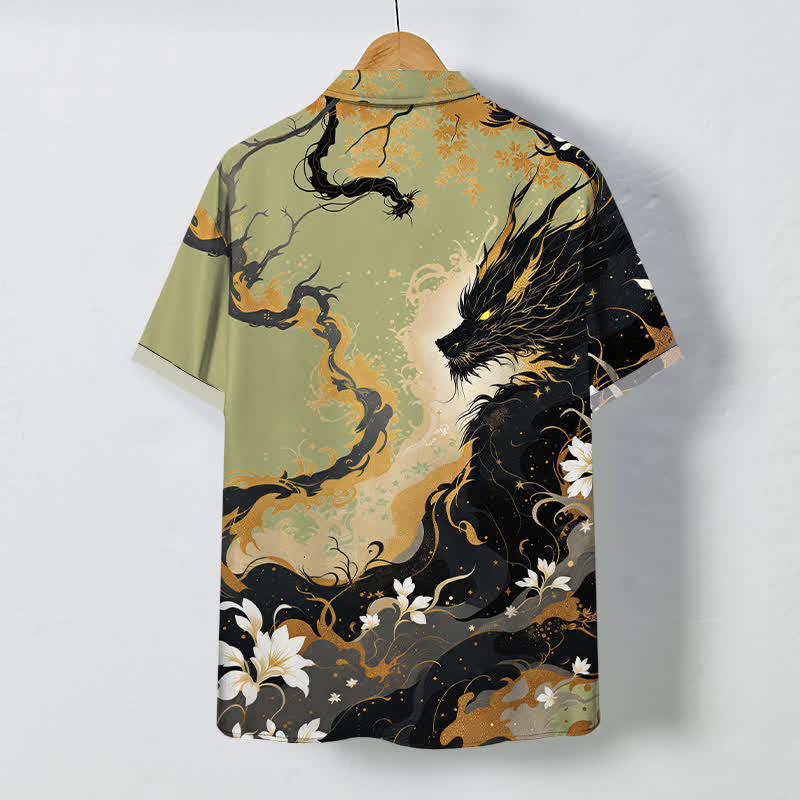 Buddha Stones Camicia da uomo a maniche corte traspirante con bottoni e motivo floreale a nuvole e drago dorato. - image 8