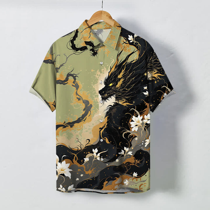 Buddha Stones Camicia da uomo a maniche corte traspirante con bottoni e motivo floreale a nuvole e drago dorato. - GialloVerde - US/UK/AU48, EU58 (4XL) - image 7