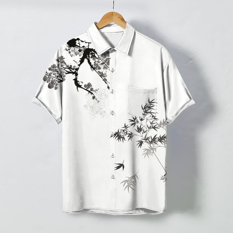 Buddha Stones Camicia da uomo a maniche corte traspirante con bottoni e motivo a foglie di bambù e rami. - Bianco - US/UK/AU48, EU58 (4XL) - image 0