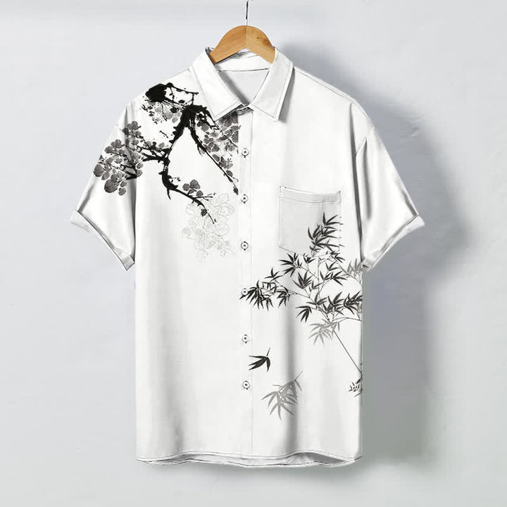 Buddha Stones Camicia da uomo a maniche corte traspirante con bottoni e motivo a foglie di bambù e rami. - Bianco - US/UK/AU48, EU58 (4XL) - image 0