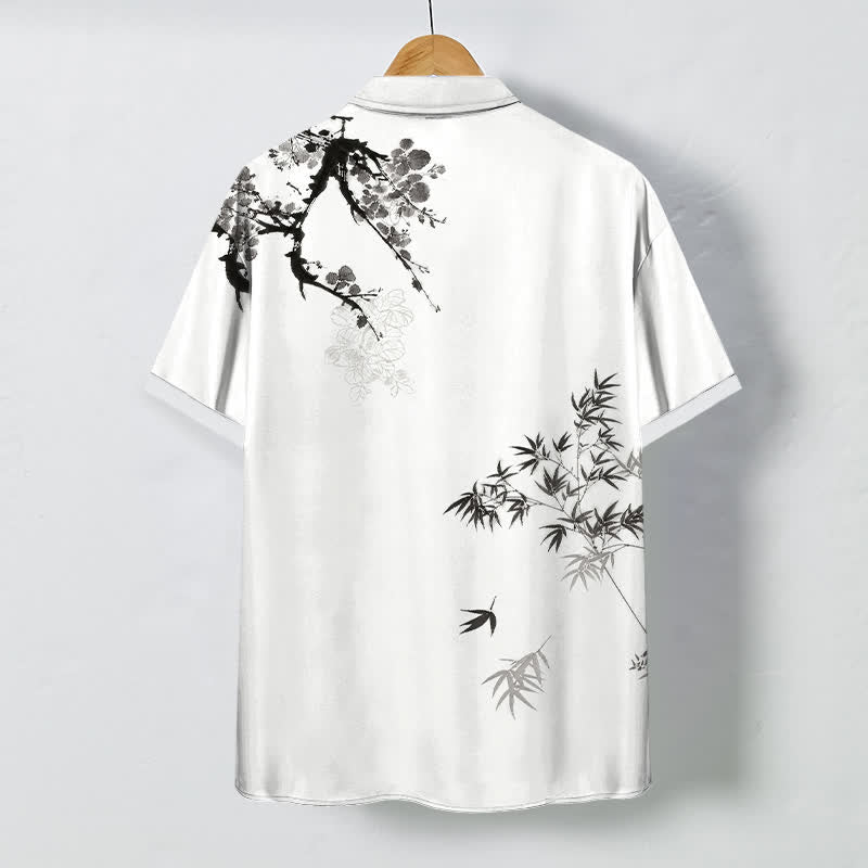 Buddha Stones Camicia da uomo a maniche corte traspirante con bottoni e motivo a foglie di bambù e rami. - image 1