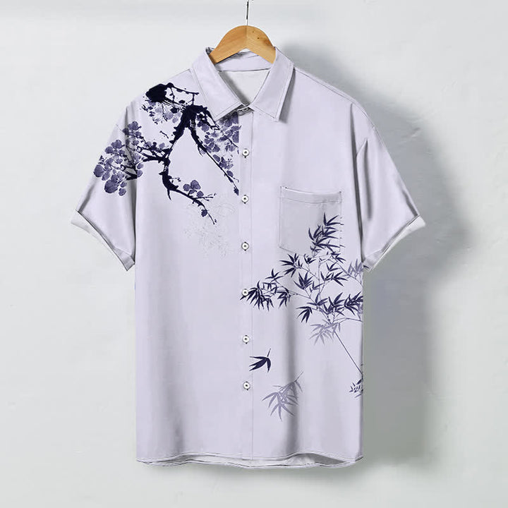 Buddha Stones Camicia da uomo a maniche corte traspirante con bottoni e motivo a foglie di bambù e rami. - Lavanda - US/UK/AU48, EU58 (4XL) - image 3