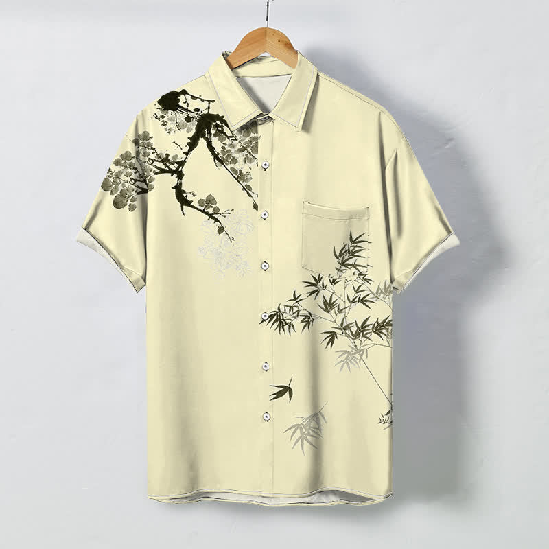 Buddha Stones Camicia da uomo a maniche corte traspirante con bottoni e motivo a foglie di bambù e rami. - Giallo chiaro verga d'oro - US/UK/AU48, EU58 (4XL) - image 5
