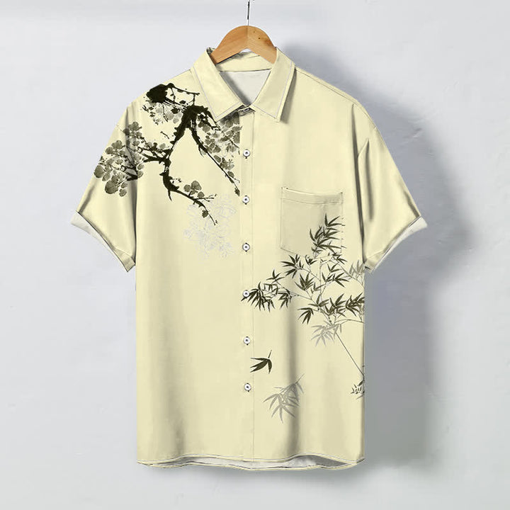 Buddha Stones Camicia da uomo a maniche corte traspirante con bottoni e motivo a foglie di bambù e rami. - Giallo chiaro verga d'oro - US/UK/AU48, EU58 (4XL) - image 5