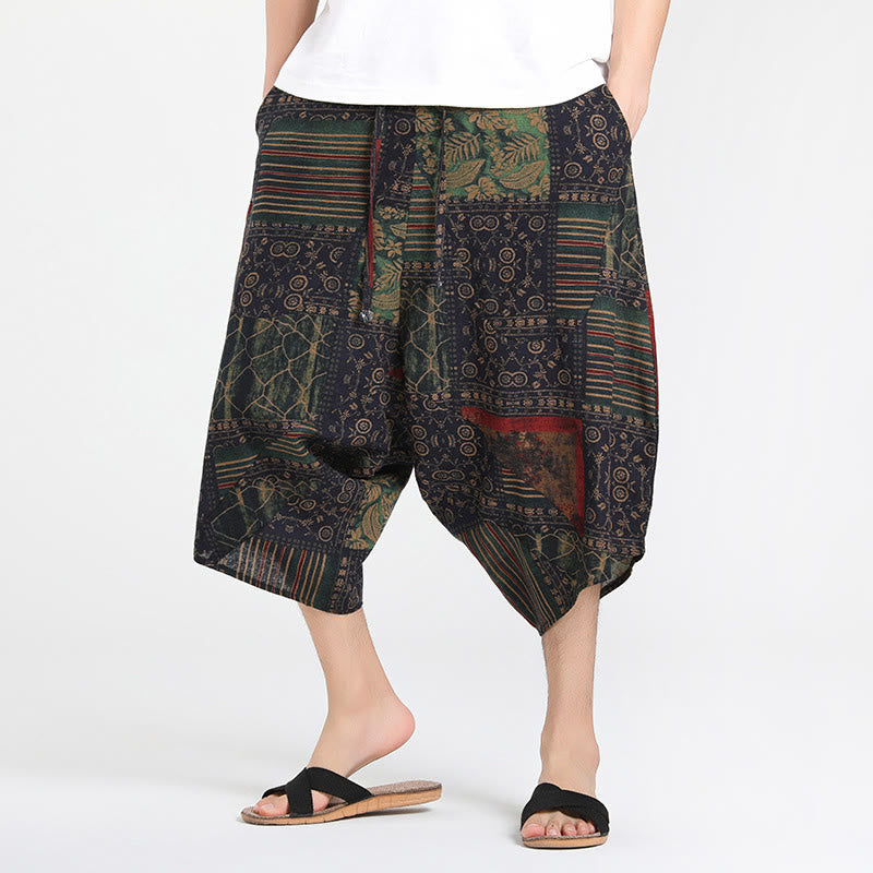 Buddha Stones Pantaloni Capri estivi in ​​stile boho casual con coulisse e geometria astratta, pantaloni harem da uomo con tasca - Verde Mare Scuro - US/UK/AU46, EU56 (5XL) - image 8