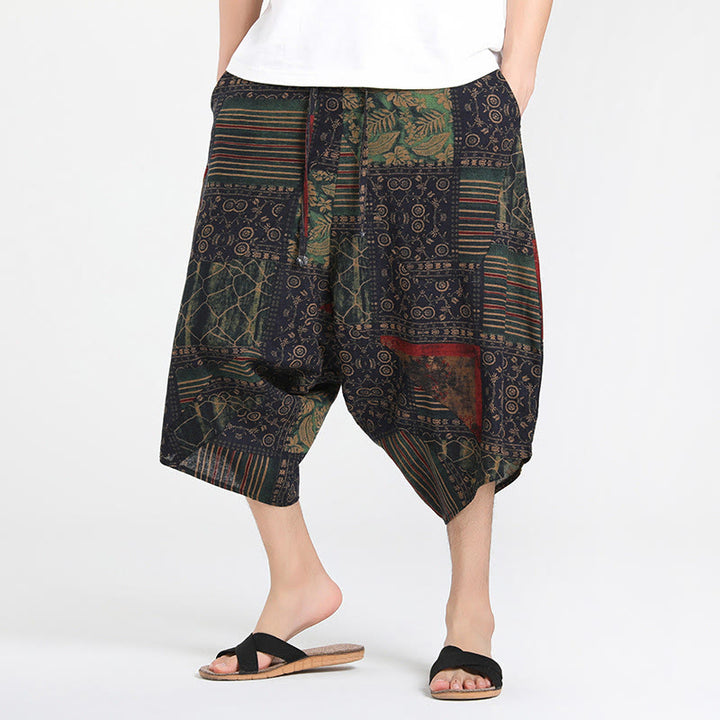 Buddha Stones Pantaloni Capri estivi in ​​stile boho casual con coulisse e geometria astratta, pantaloni harem da uomo con tasca - Verde Mare Scuro - US/UK/AU46, EU56 (5XL) - image 8
