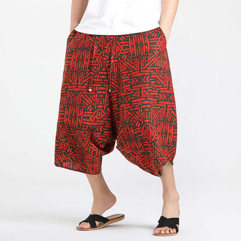 Buddha Stones Pantaloni Capri estivi in ​​stile boho casual con coulisse e geometria astratta, pantaloni harem da uomo con tasca - Rosso - US/UK/AU46, EU56 (5XL) - image 16
