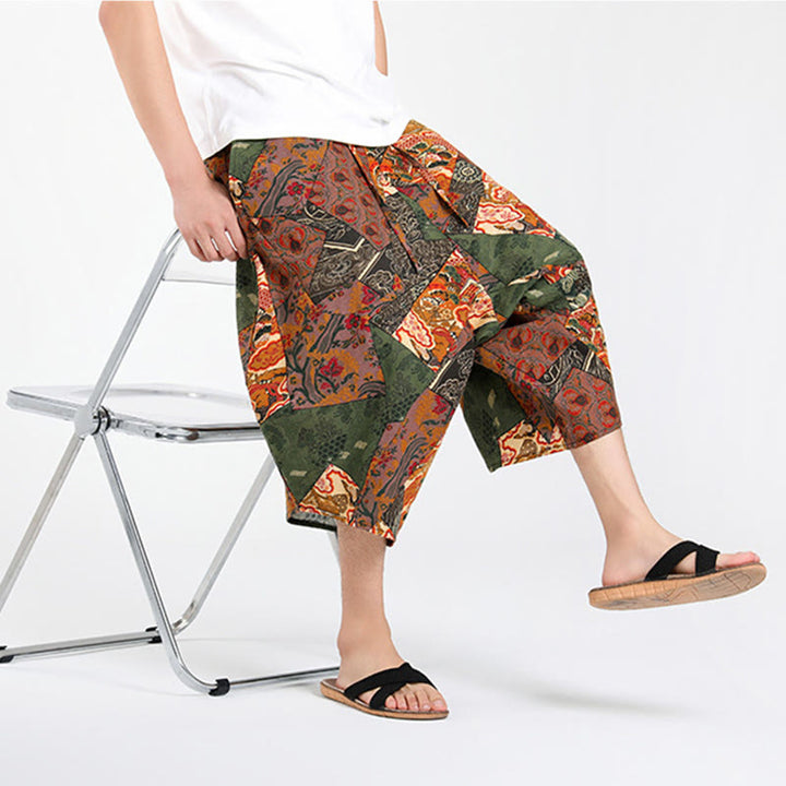 Buddha Stones Pantaloni Capri estivi in ​​stile boho casual con coulisse e geometria astratta, pantaloni harem da uomo con tasca - image 7