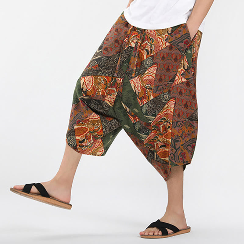 Buddha Stones Pantaloni Capri estivi in ​​stile boho casual con coulisse e geometria astratta, pantaloni harem da uomo con tasca - image 5