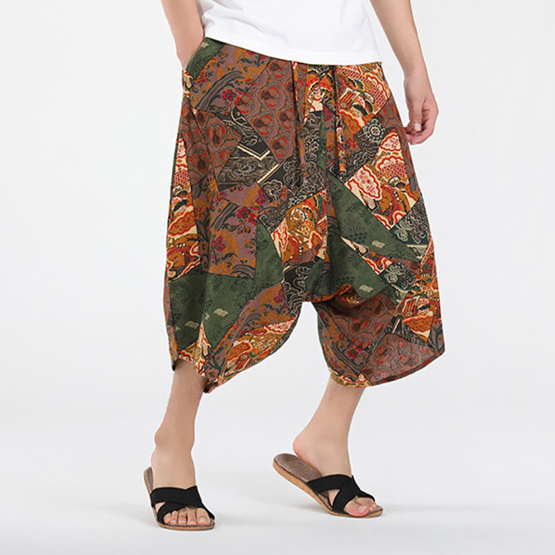 Buddha Stones Pantaloni Capri estivi in ​​stile boho casual con coulisse e geometria astratta, pantaloni harem da uomo con tasca - image 2