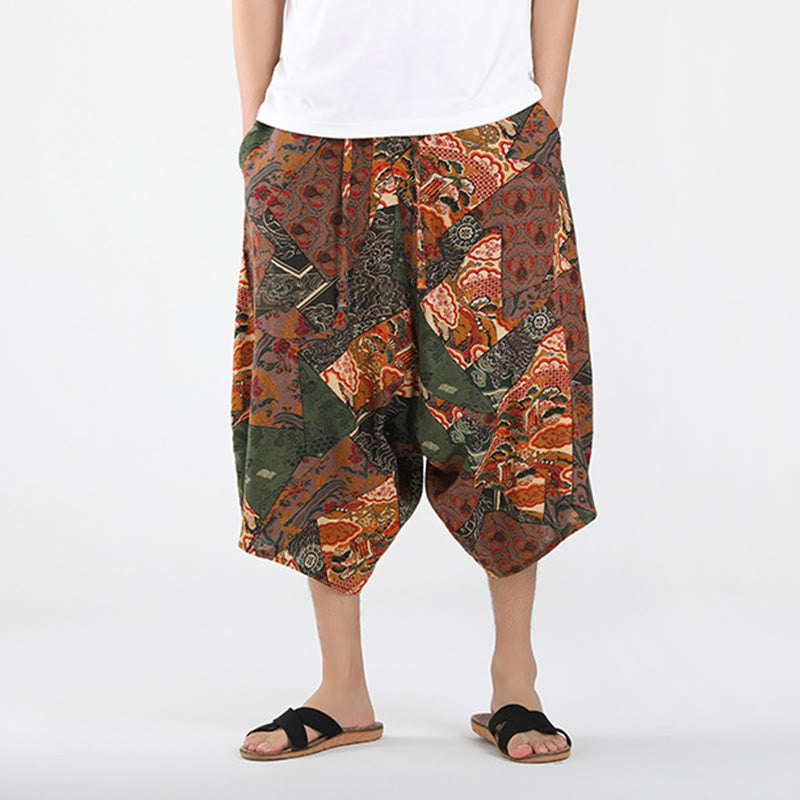 Buddha Stones Pantaloni Capri estivi in ​​stile boho casual con coulisse e geometria astratta, pantaloni harem da uomo con tasca - image 1