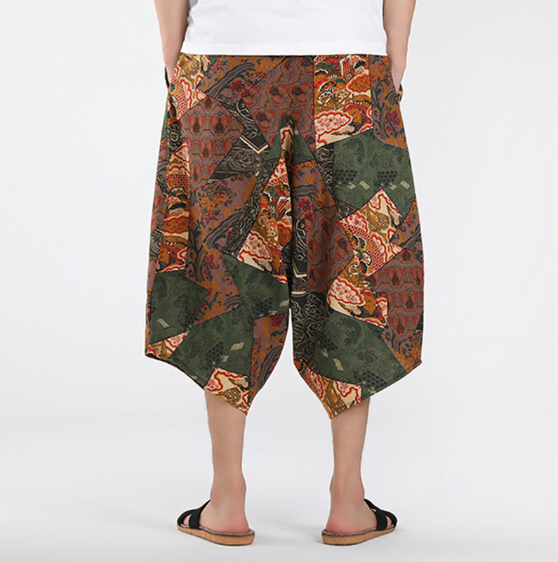 Buddha Stones Pantaloni Capri estivi in ​​stile boho casual con coulisse e geometria astratta, pantaloni harem da uomo con tasca - image 3