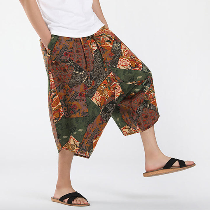 Buddha Stones Pantaloni Capri estivi in ​​stile boho casual con coulisse e geometria astratta, pantaloni harem da uomo con tasca - image 4