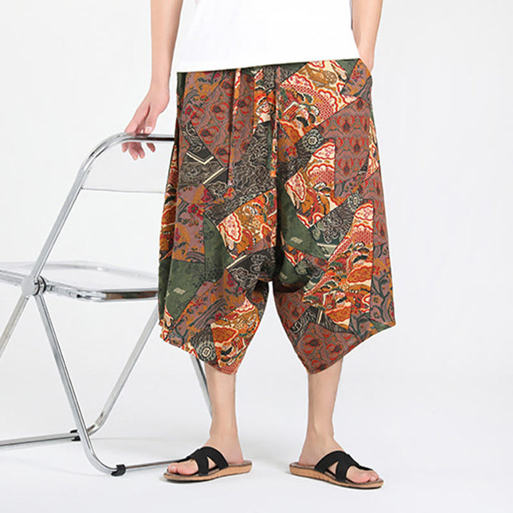 Buddha Stones Pantaloni Capri estivi in ​​stile boho casual con coulisse e geometria astratta, pantaloni harem da uomo con tasca - image 6