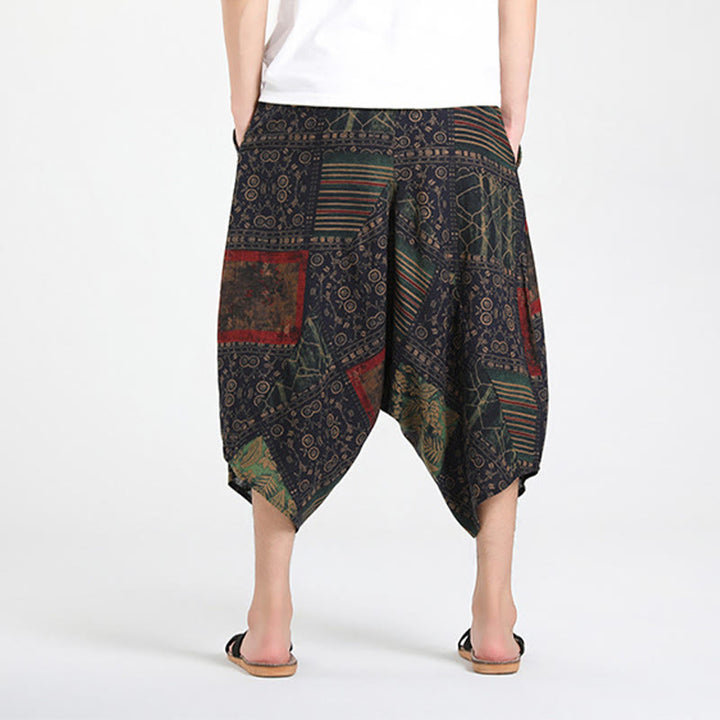 Buddha Stones Pantaloni Capri estivi in ​​stile boho casual con coulisse e geometria astratta, pantaloni harem da uomo con tasca - image 12