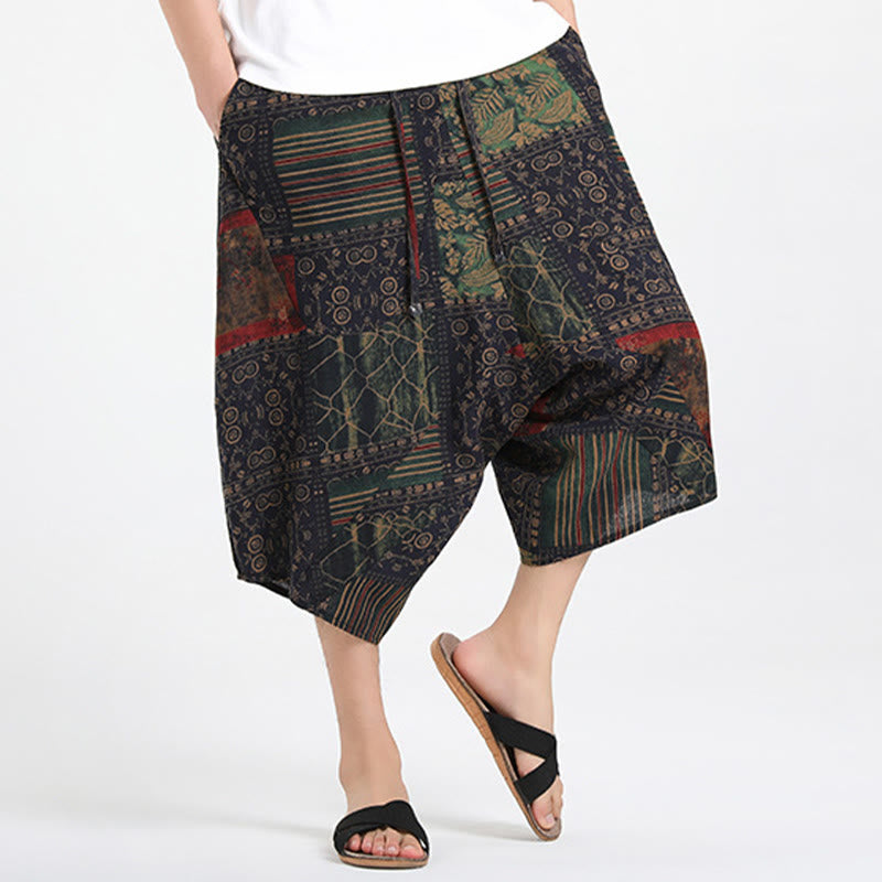 Buddha Stones Pantaloni Capri estivi in ​​stile boho casual con coulisse e geometria astratta, pantaloni harem da uomo con tasca - image 13