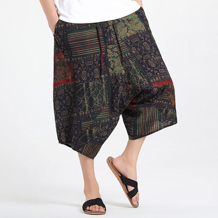 Buddha Stones Pantaloni Capri estivi in ​​stile boho casual con coulisse e geometria astratta, pantaloni harem da uomo con tasca - image 13