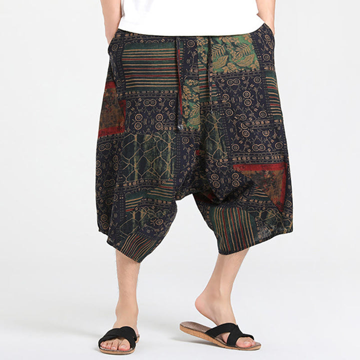 Buddha Stones Pantaloni Capri estivi in ​​stile boho casual con coulisse e geometria astratta, pantaloni harem da uomo con tasca - image 10