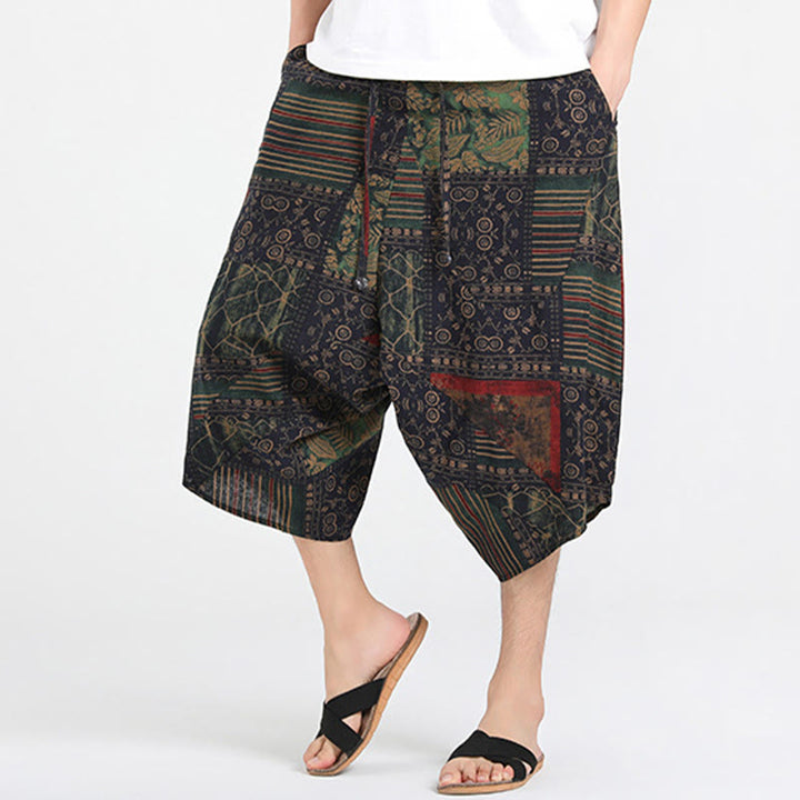 Buddha Stones Pantaloni Capri estivi in ​​stile boho casual con coulisse e geometria astratta, pantaloni harem da uomo con tasca - image 14