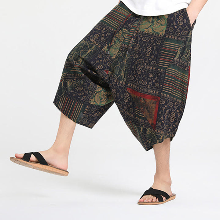 Buddha Stones Pantaloni Capri estivi in ​​stile boho casual con coulisse e geometria astratta, pantaloni harem da uomo con tasca - image 15