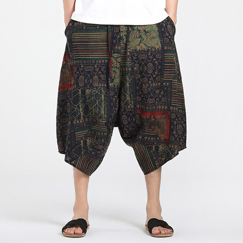 Buddha Stones Pantaloni Capri estivi in ​​stile boho casual con coulisse e geometria astratta, pantaloni harem da uomo con tasca - image 9