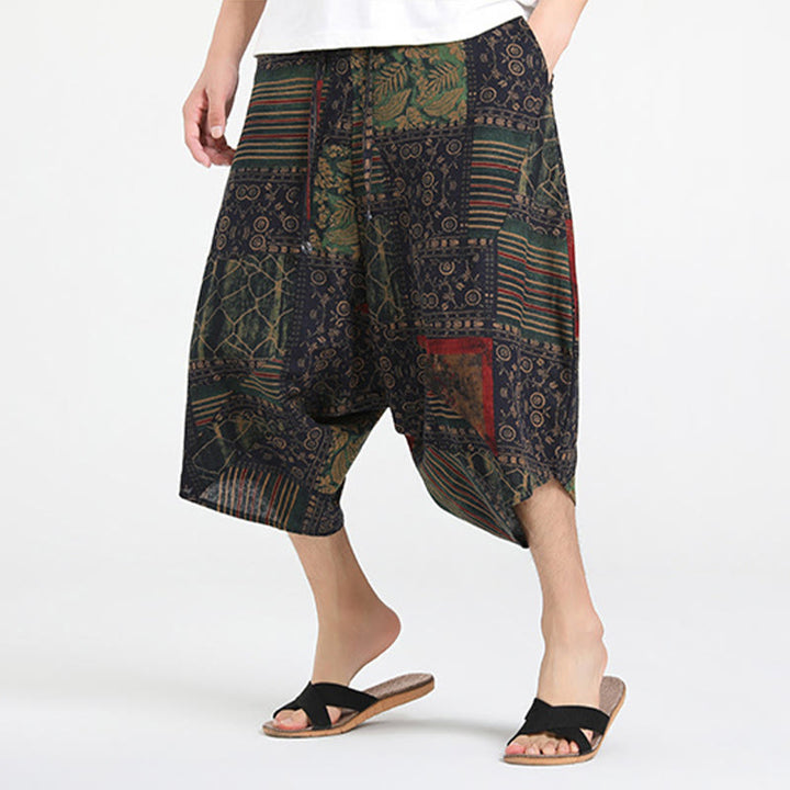 Buddha Stones Pantaloni Capri estivi in ​​stile boho casual con coulisse e geometria astratta, pantaloni harem da uomo con tasca - image 11