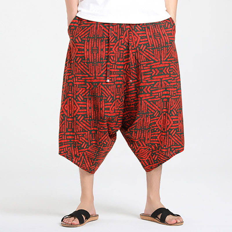 Buddha Stones Pantaloni Capri estivi in ​​stile boho casual con coulisse e geometria astratta, pantaloni harem da uomo con tasca - image 17