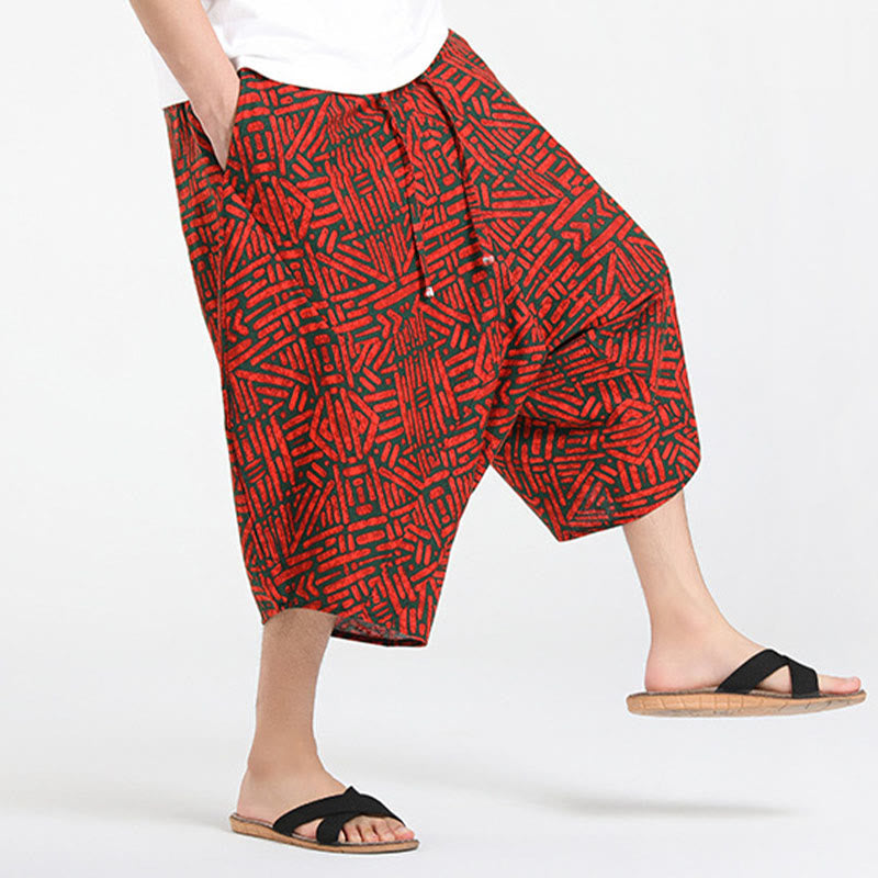 Buddha Stones Pantaloni Capri estivi in ​​stile boho casual con coulisse e geometria astratta, pantaloni harem da uomo con tasca - image 22