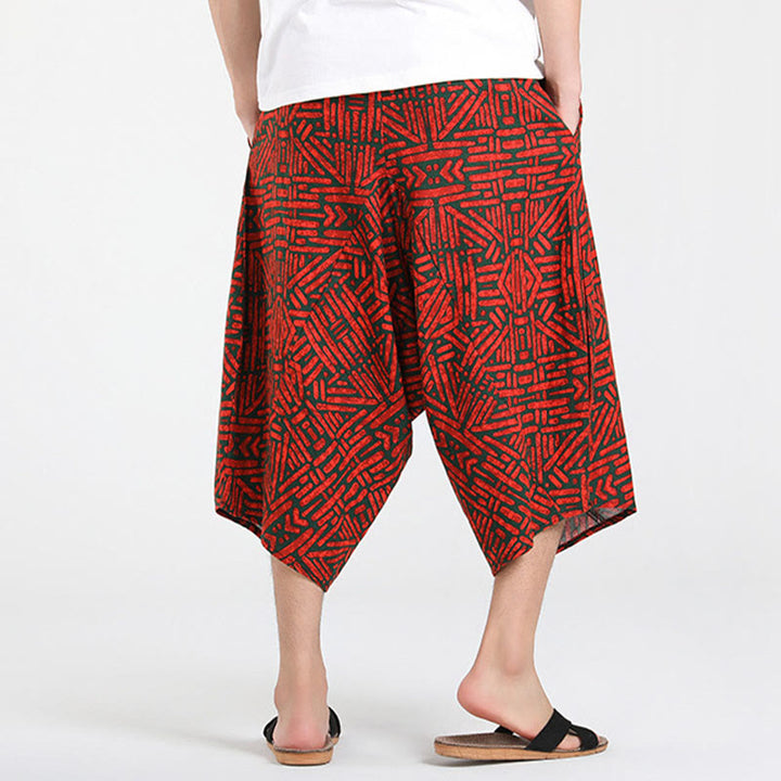 Buddha Stones Pantaloni Capri estivi in ​​stile boho casual con coulisse e geometria astratta, pantaloni harem da uomo con tasca - image 19