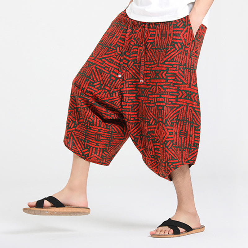 Buddha Stones Pantaloni Capri estivi in ​​stile boho casual con coulisse e geometria astratta, pantaloni harem da uomo con tasca - image 23