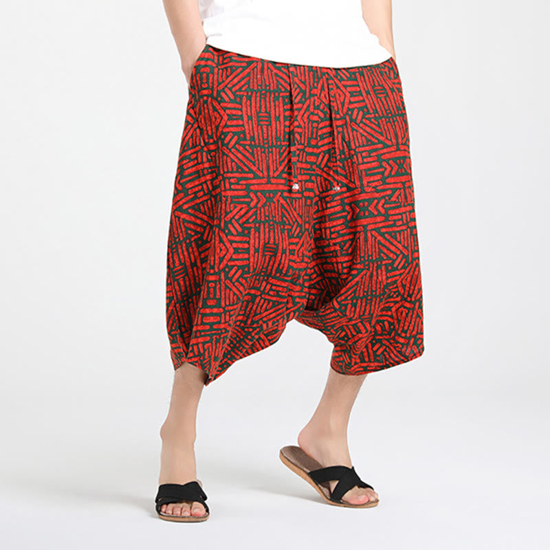 Buddha Stones Pantaloni Capri estivi in ​​stile boho casual con coulisse e geometria astratta, pantaloni harem da uomo con tasca - image 18