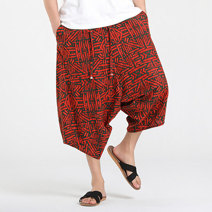 Buddha Stones Pantaloni Capri estivi in ​​stile boho casual con coulisse e geometria astratta, pantaloni harem da uomo con tasca - image 20