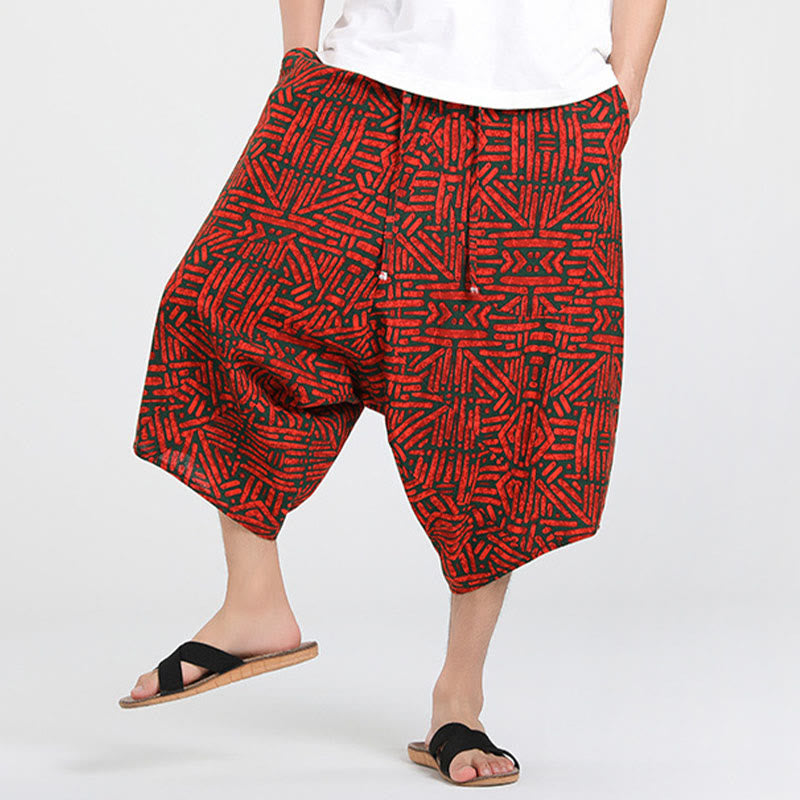 Buddha Stones Pantaloni Capri estivi in ​​stile boho casual con coulisse e geometria astratta, pantaloni harem da uomo con tasca - image 21