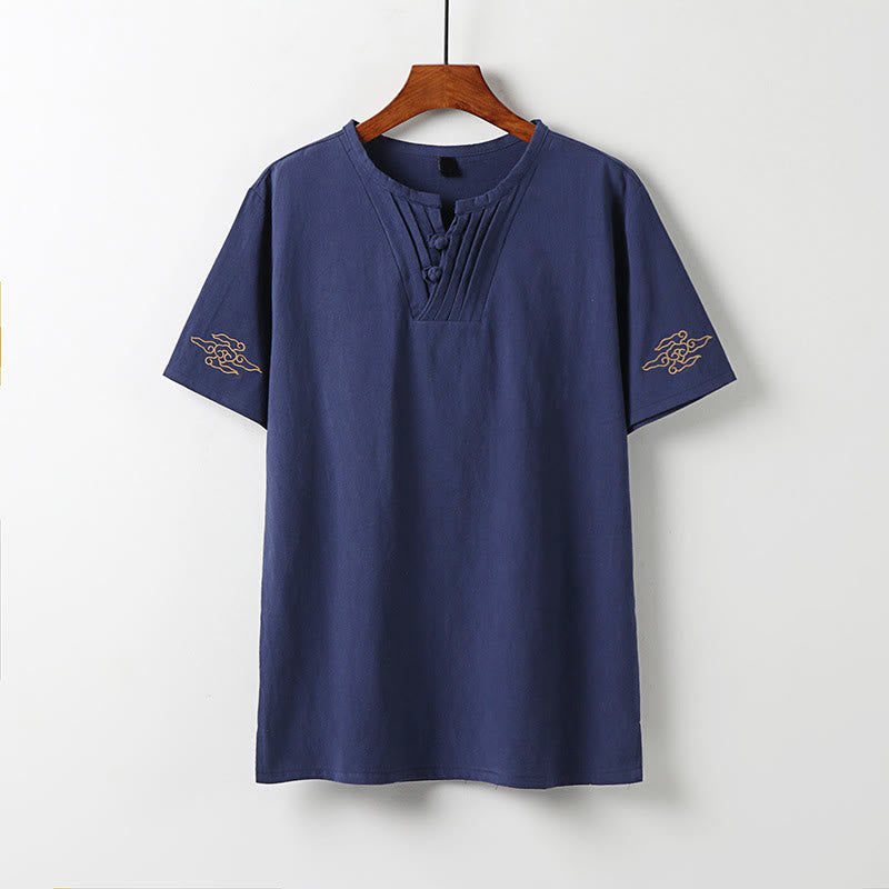 Buddha Stones Camicia da uomo a maniche corte tinta unita con bottoni a rana in stile estivo Tang e ricamo di nuvole propizie. - Blu ardesia scuro - US/UK/AU54, EU64 (9XL) - image 11