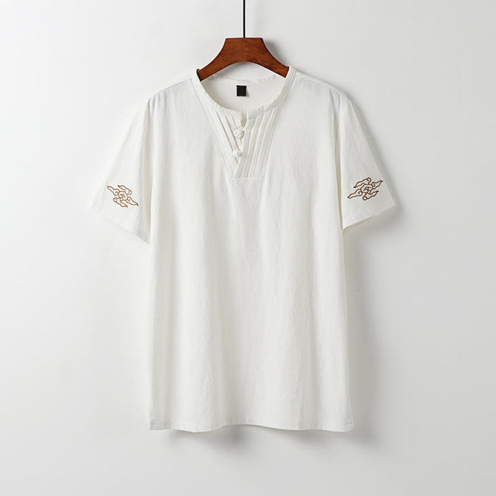 Buddha Stones Camicia da uomo a maniche corte tinta unita con bottoni a rana in stile estivo Tang e ricamo di nuvole propizie. - Bianco - US/UK/AU54, EU64 (9XL) - image 12