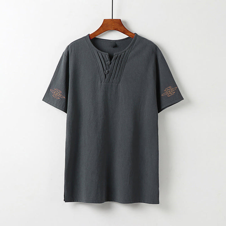 Buddha Stones Camicia da uomo a maniche corte tinta unita con bottoni a rana in stile estivo Tang e ricamo di nuvole propizie. - Grigio tenue - US/UK/AU54, EU64 (9XL) - image 1