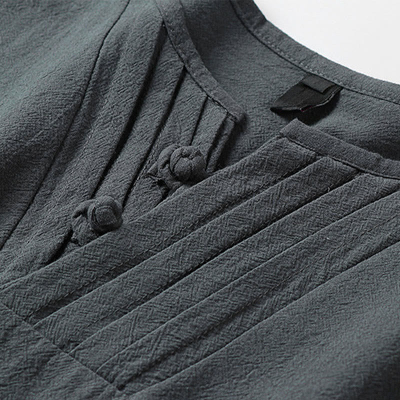 Buddha Stones Camicia da uomo a maniche corte tinta unita con bottoni a rana in stile estivo Tang e ricamo di nuvole propizie. - image 4
