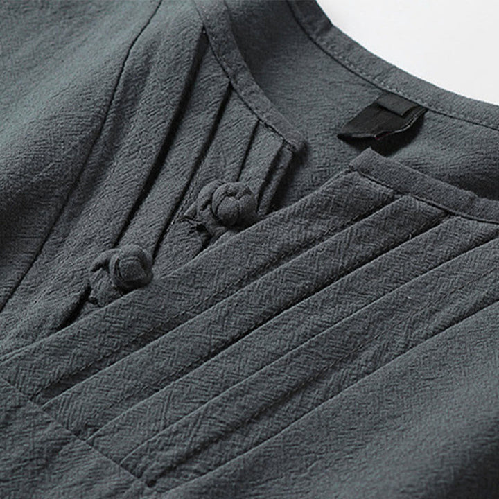 Buddha Stones Camicia da uomo a maniche corte tinta unita con bottoni a rana in stile estivo Tang e ricamo di nuvole propizie. - image 4