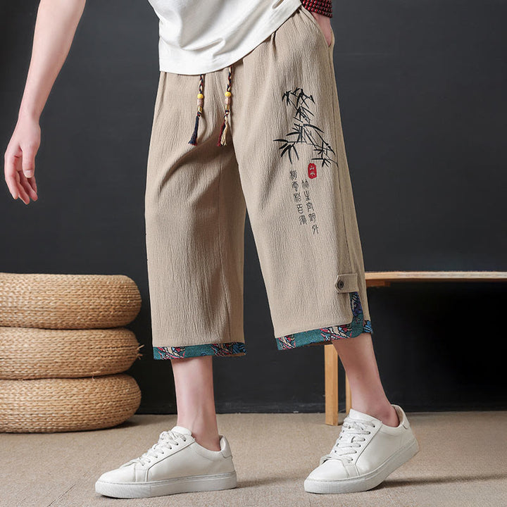 Buddha Stones Pantaloni corti da uomo estivi stile Tang, casual, con coulisse, stampa bambù, gamba dritta e tasca. - image 13