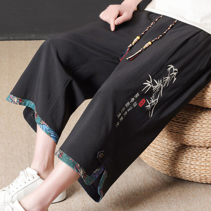 Buddha Stones Pantaloni corti da uomo estivi stile Tang, casual, con coulisse, stampa bambù, gamba dritta e tasca. - image 4